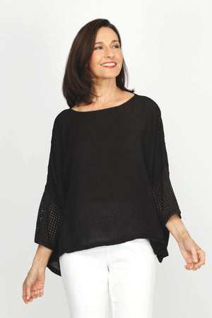 Organic Rags Sheer Sleeve Crop Top in Black.  Crew neck dolman 3/4 sleeve top with square mesh grid on cuff.  One size fits many.  Oversized fit._60221954589038