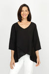Organic Rags Double Layer Top in Black.  V neck light crinkle top with 3/4 sleeve.  Overlapping criss-crossed panels create asymmetric hem.  Sewn edges at neck and hem.  Relaxed fit._t_60221079748974