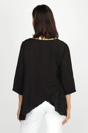 Organic Rags Double Layer Top in Black.  V neck light crinkle top with 3/4 sleeve.  Overlapping criss-crossed panels create asymmetric hem.  Sewn edges at neck and hem.  Relaxed fit._60221079781742