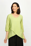 Organic Rags Double Layer Top in Verde.  V neck light crinkle top with 3/4 sleeve.  Overlapping criss-crossed panels create asymmetric hem.  Sewn edges at neck and hem.  Relaxed fit._t_60221079880046