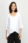 Organic Rags Double Layer To pi white.  V neck light crinkle top with 3/4 sleeve.  Overlapping criss-crossed panels create asymmetric hem.  Sewn edges at neck and hem.  Relaxed fit._t_60221079847278