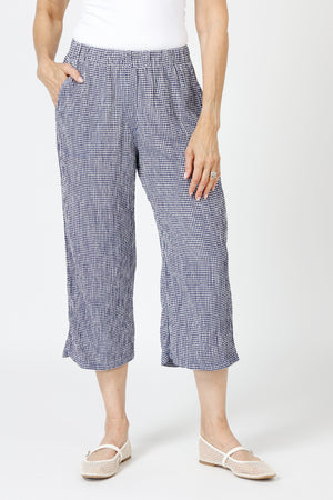 Organic Rags Check Print Easy Crop Pant in Admiral blue and White.  Crinkled check fabric.  Elastic waist with 2 side pockets.  Wide leg.  21" inseam._60035715301742