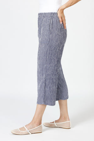 Organic Rags Check Print Easy Crop Pant in Admiral blue and White.  Crinkled check fabric.  Elastic waist with 2 side pockets.  Wide leg.  21" inseam._60035715334510