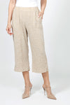 Organic Rags Check Print Easy Crop Pant in Cashew.  Crinkled check fabric.  Elastic waist with 2 side pockets.  Wide leg.  21" inseam._t_34989770277064