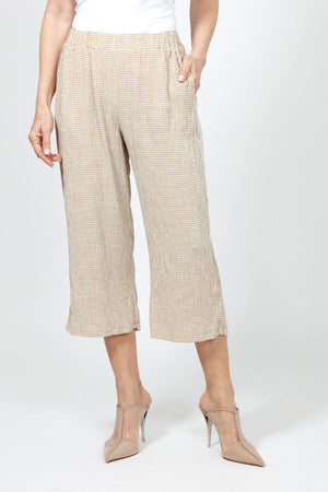 Organic Rags Check Print Easy Crop Pant in Cashew.  Crinkled check fabric.  Elastic waist with 2 side pockets.  Wide leg.  21" inseam._34989770277064