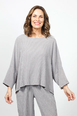 Organic Rags Check Print Crop Top in Cobblestone gray. Small textured check. Lightweight crew neck dolman sleeve oversized top with drop 3/4 sleeve. Swing shape. Oversized fit._34989470122184