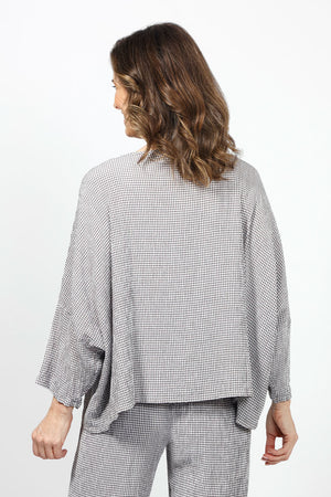 Organic Rags Check Print Crop Top in Cobblestone gray. Small textured check. Lightweight crew neck dolman sleeve oversized top with drop 3/4 sleeve. Swing shape. Oversized fit._34989469925576