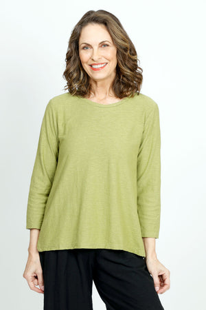 Organic Rags Linen Blend Side Vent Top in Green.  Crew neck 3/4 sleeve top.  A line with notched sides.  Relaxed fit._52885823881582