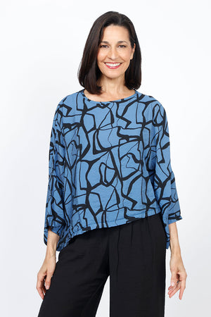 Organic Rags Marble Print Cropped Top in Amalfi Blue with black swirled print.  Crew neck 3/4 sleeve oversized boxy top. One size fits many._35287088922824