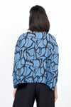 Organic Rags Marble Print Cropped Top in Amalfi Blue with black swirled print. Crew neck 3/4 sleeve oversized boxy top. One size fits many._t_35287088726216