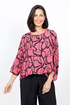 Organic Rags Marble Print Cropped Top in Watermelon pink with black swirled print. Crew neck 3/4 sleeve oversized boxy top. One size fits many._t_35287088758984