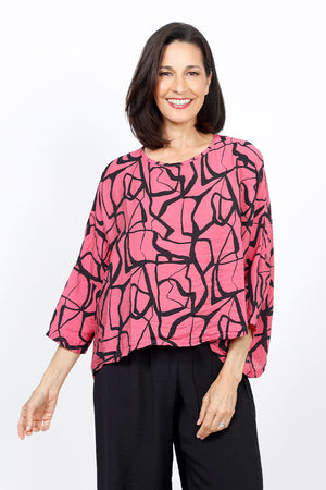 Organic Rags Marble Print Cropped Top in Watermelon pink with black swirled print. Crew neck 3/4 sleeve oversized boxy top. One size fits many._35287088758984