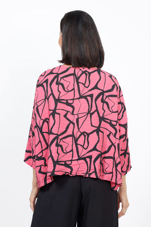Organic Rags Marble Print Cropped Top in Watermelon pink with black swirled print. Crew neck 3/4 sleeve oversized boxy top. One size fits many._35287088824520
