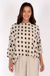 Organic Rags Square Print Crop Top in Rye (beige) with Black squares. Crew neck dolman top with drop shoulder and 3/4 sleeve. One size fits many. Oversized with drape._t_34247533854920
