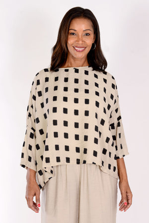 Organic Rags Square Print Crop Top in Rye (beige) with Black squares. Crew neck dolman top with drop shoulder and 3/4 sleeve. One size fits many. Oversized with drape._34247533854920