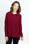 Organic Rags Stripe Sweatshirt Cardinal/Black.  Crew neck with drawstring hood.  Long sleeves.  Drop shoulders.  High low hem with side slits.  Relaxed fit._t_52912303538542