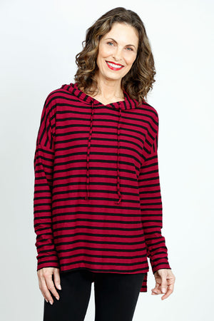 Organic Rags Stripe Sweatshirt Cardinal/Black.  Crew neck with drawstring hood.  Long sleeves.  Drop shoulders.  High low hem with side slits.  Relaxed fit._52912303538542