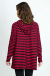 Organic Rags Stripe Sweatshirt Cardinal/Black.  Crew neck with drawstring hood.  Long sleeves.  Drop shoulders.  High low hem with side slits.  Relaxed fit._t_52912303604078