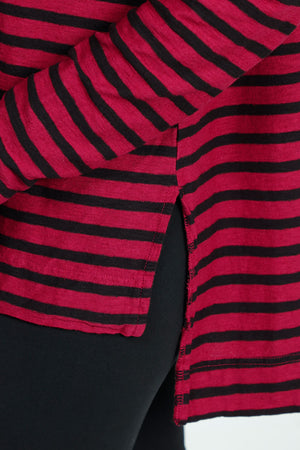 Organic Rags Stripe Sweatshirt Cardinal/Black.  Crew neck with drawstring hood.  Long sleeves.  Drop shoulders.  High low hem with side slits.  Relaxed fit._52912303505774