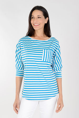 Top Ligne Striped Pocket Tee in Turquoise and White. Horizontal stripe tee. Vertical stripe single front breast pocket. 3/4 dolman sleeve with striped cuff. Relaxed fit._34389210988744