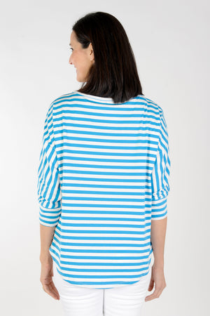 Top Ligne Striped Pocket Tee in Turquoise and White. Horizontal stripe tee. Vertical stripe single front breast pocket. 3/4 dolman sleeve with striped cuff. Relaxed fit._34389210955976