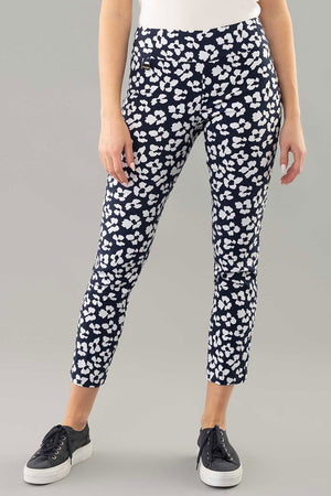 Lisette L Montreal Fortuna Ankle Pant in Navy with white vintage floral print.  Pull on ankle pant with 3" elasticized waist band.  Snug through stomach, slim to hem.  28" inseam._34960204136648