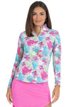 IBKUL Paddy Mock Neck Zip Front Top in Hot Pink Multi.  Abstract splash print with floral detail.  Zip mock neck top with long sleeves with mesh inserts underarm.  Fitted.  _t_34976179617992