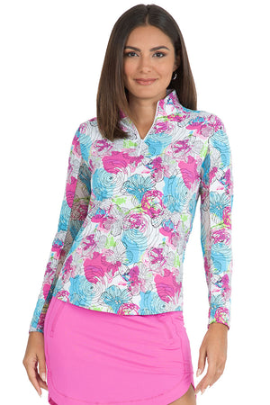 IBKUL Paddy Mock Neck Zip Front Top in Hot Pink Multi.  Abstract splash print with floral detail.  Zip mock neck top with long sleeves with mesh inserts underarm.  Fitted.  _34976179617992