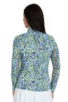 IBKUL Naomi Zip Mock Neck top in Navy/Lime. Abstract brush dot print in lime, turquoise and white on a navy background. Zip mock neck with 1/4 zip at neckline. Long sleeves with mesh underarm panels. Slightly curved hem. Fitted._t_34976617070792