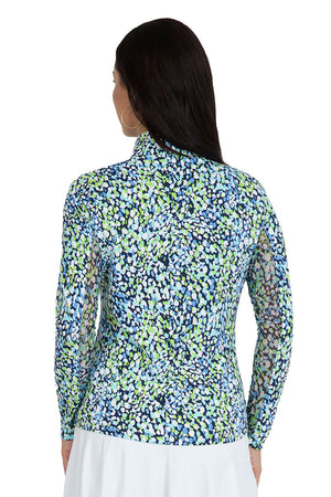 IBKUL Naomi Zip Mock Neck top in Navy/Lime. Abstract brush dot print in lime, turquoise and white on a navy background. Zip mock neck with 1/4 zip at neckline. Long sleeves with mesh underarm panels. Slightly curved hem. Fitted._34976617070792