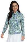 IBKUL Naomi Zip Mock Neck top in Navy/Lime.   Abstract brush dot print in lime, turquoise and white on a navy background. Zip mock neck with 1/4 zip at neckline. Long sleeves with mesh underarm panels. Slightly curved hem. Fitted._t_34976617005256