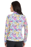 IBKUL Angie Zip Mock Neck top in multi. Abstract graffiti print with splashes of hot pink, turquoise, yellow and purple on a white background. 1/4 zip mock neck top with long sleeves. Mesh inserts under the arms. Fitted._t_34976681525448