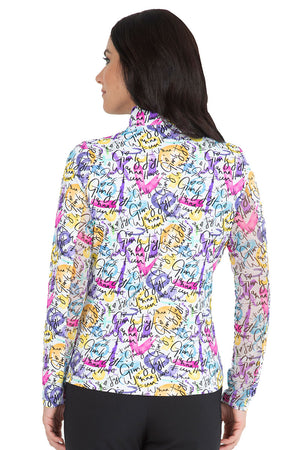 IBKUL Angie Zip Mock Neck top in multi. Abstract graffiti print with splashes of hot pink, turquoise, yellow and purple on a white background. 1/4 zip mock neck top with long sleeves. Mesh inserts under the arms. Fitted._34976681525448