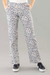 Lisette L Montreal Maridot Wide Leg Pant.  Dark navy abstract dot print on a white textured background.  1  1/2" waistband pull on pant.  Snug through stomach falls wide to hem.  2 side slash pockets.  29 1/2" inseam._t_34960146235592