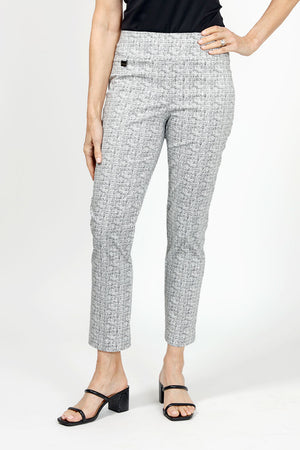 Lisette L Montreal Sabana Ankle Pant.  Black miniature checkerboard line print on white background.  Pull on pant with 3" waistband.  Snug through stomach and hip, slim through thigh falls straight from knee.  28" inseam._34999093723336