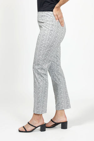 Lisette L Montreal Sabana Ankle Pant. Black miniature checkerboard line print on white background. Pull on pant with 3" waistband. Snug through stomach and hip, slim through thigh falls straight from knee. 28" inseam._34999093592264