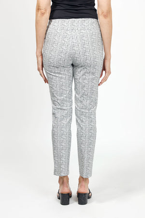 Lisette L Montreal Sabana Ankle Pant. Black miniature checkerboard line print on white background. Pull on pant with 3" waistband. Snug through stomach and hip, slim through thigh falls straight from knee. 28" inseam._34999093788872