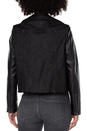 Liverpool Hybrid Moto jacket in Black. Moto asymmetric collar and double snap sleeves on the body of a jean jacket. Grommet buttons. Contour seams. Raw hem. Classic fit._34537595273416