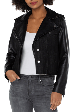 Liverpool Hybrid Moto jacket in Black. Moto asymmetric collar and double snap sleeves on the body of a jean jacket. Grommet buttons. Contour seams. Raw hem. Classic fit._34537595306184