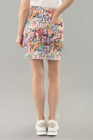 Lisette L Montreal Wynwood Skort. Bright multi colored graffiti print. 3" waistband pull on skirt with attached nylon short. 2 pockets in front; single welt pocket in back. 18" inseam_34999273816264