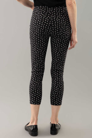 Lisette L Montreal Panda Thinny Crop. Stylized white dot print on a black background. Pull on pant with 3" waistband. Snug through stomach, hip, thigh and leg. 25" inseam._34999393681608