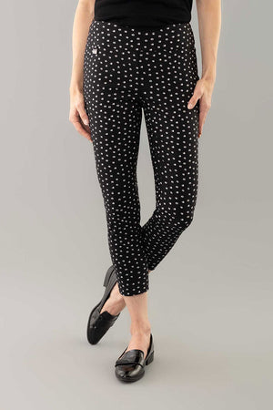 Lisette L Montreal Panda Thinny Crop. Stylized white dot print on a black background.  Pull on pant with 3" waistband.  Snug through stomach, hip, thigh and leg.  25" inseam._34999393648840