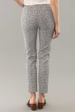 Lisette L Montreal Zircon Ankle Pant. Black stylized diamond print on a white background. 3" waistband pull on pant. Snug through stomach and thigh, falls straight to hem. 28" inseam._35032465801416