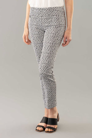 Lisette L Montreal Zircon Ankle Pant. Black stylized diamond print on a white background. 3" waistband pull on pant. Snug through stomach and thigh, falls straight to hem. 28" inseam._35032465768648