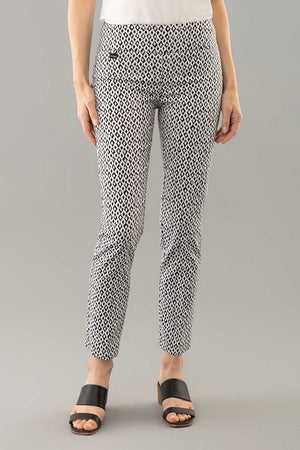 Lisette L Montreal Zircon Ankle Pant. Black stylized diamond print on a white background.  3" waistband pull on pant.  Snug through stomach and thigh, falls straight to hem.  28" inseam._35032465735880