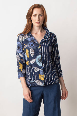LIV by Habitat Crimped Cinch Pocket Top in Navy.  Button down convertible collar top is split in 2:  1/2 white stripes on navy; the other blue gold and white block print on navy.  3/4 sleeve.  Single front cinched patch pocket.  Relaxed fit._35203486679240