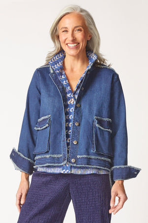 Habitat Stretch Denim Cargo Jacket in Dark Denim.  Stand collar button front jean jacket.  Long sleeves with button cuff.  2 large flap cargo pockets in front.  Back yoke.  Fringe trim.  A line shape.  Relaxed fit._61400398758254