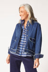 Habitat Stretch Denim Cargo Jacket in Dark Denim.  Stand collar button front jean jacket.  Long sleeves with button cuff.  2 large flap cargo pockets in front.  Back yoke.  Fringe trim.  A line shape.  Relaxed fit._t_61400398791022