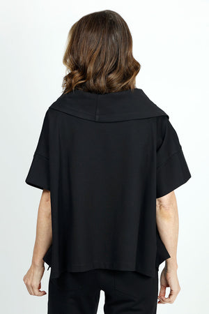 Planet Scuba Drape Neck Top in Black. Drape cowl neck with short dolman sleeves. Scuba fabric. Side slits. Boxy shape. Oversized fit._36030539366600