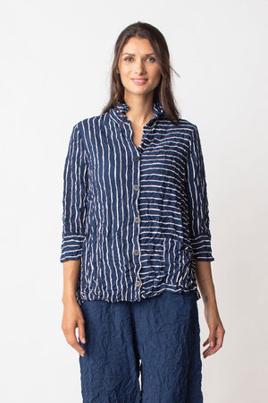 LIV by Habitat Crimped Angle Pocket Tunic in Navy with white stripes.  Convertible collar 3/4 sleeve top with tulip hem.  Button down.  Bi-directional stripes in front; vertical only in back.  Single front angled patch pocket.  Relaxed fit._35203581345992
